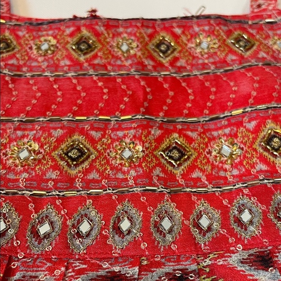 Vintage Red Two-Piece Set Beaded Embroidered Top & Ruffle Pants - Picture 6 of 16